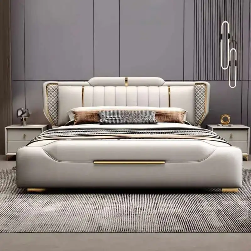 

Leather Light Luxury Bed Modern European Wedding Wood King Size Bed Twin Confortable High Quality Cama De Casal Home Furniture