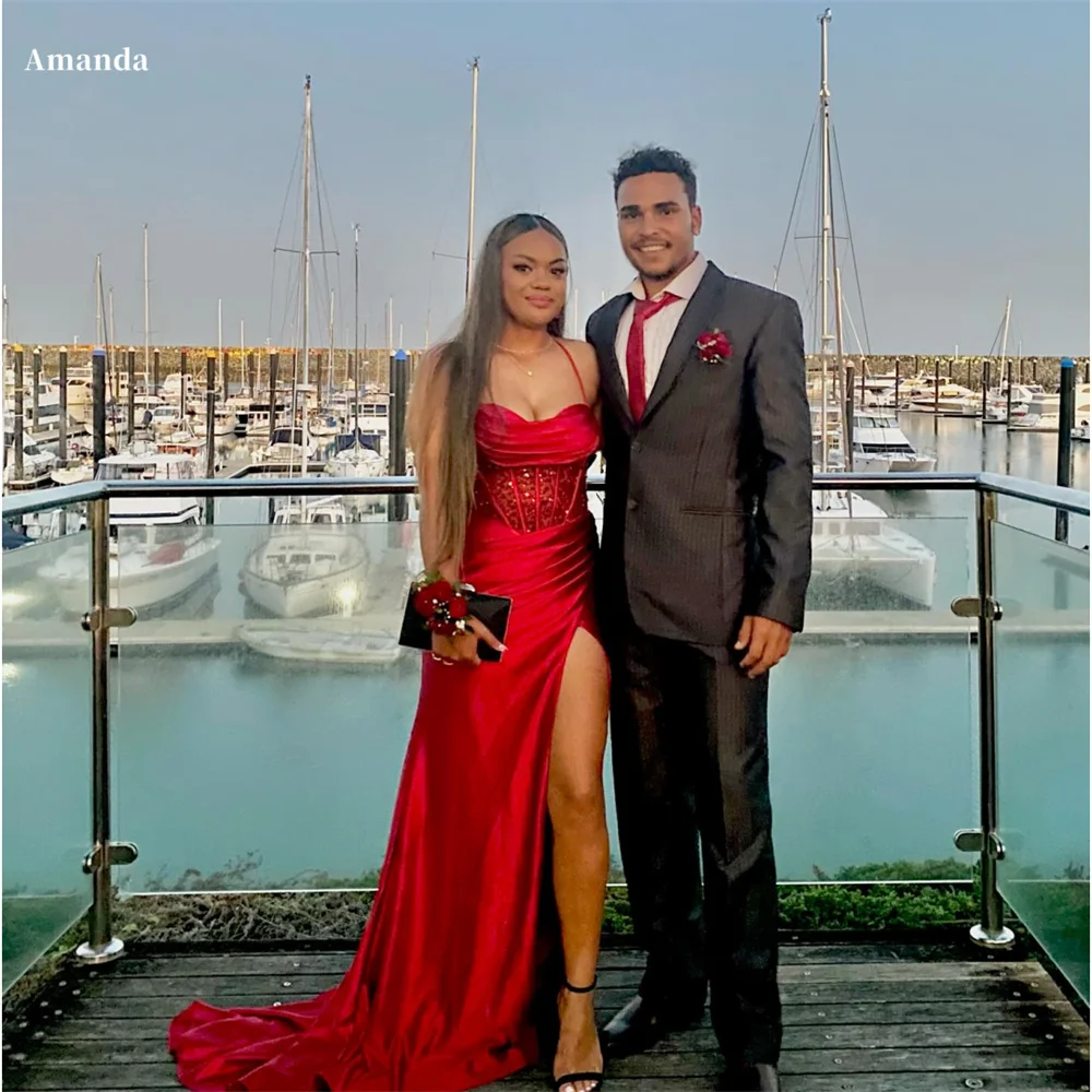 

Amanda Satin V Neck Mermaid robes de soirée Side High Split Sleeveless Halter Neck Evening Dresses Valentines Day Wedding Dress