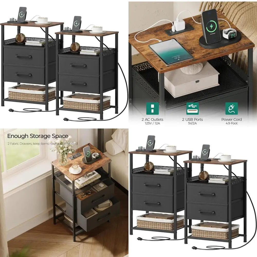 

Пара 26,4 высоких коричневых прикроватных тумбочек в деревенском стиле с зарядной станцией и тканевыми ящиками