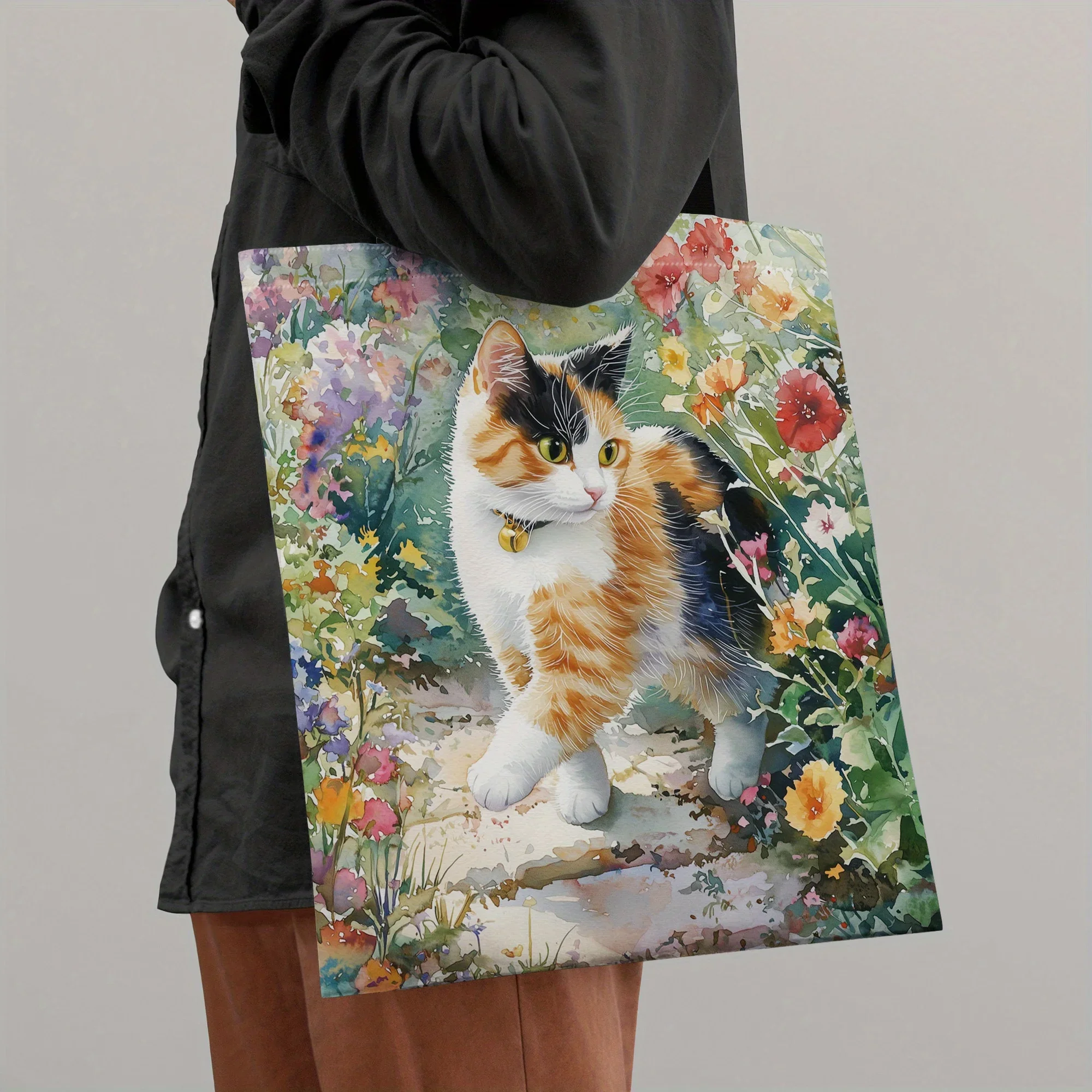 Watercolor Illustration Cute Charming Calico Cat Print Shoulder Bag Men Women Reusable Lightweight Portable Handheld Bag