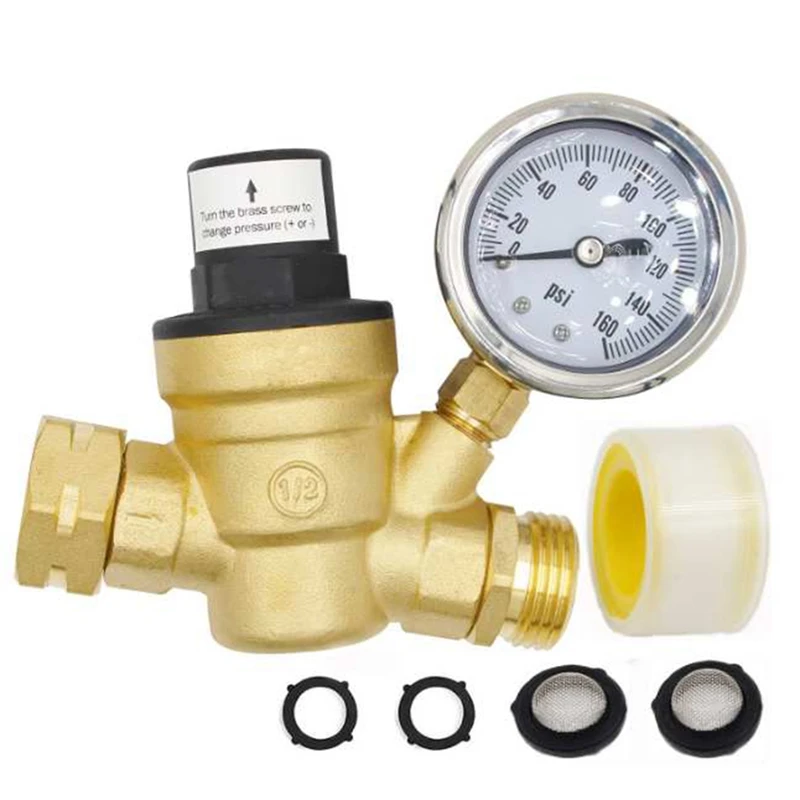 RV Brass Water Pressure Reducer RV Water Pressure Regulator With Gauge And Inlet-Screened Filter