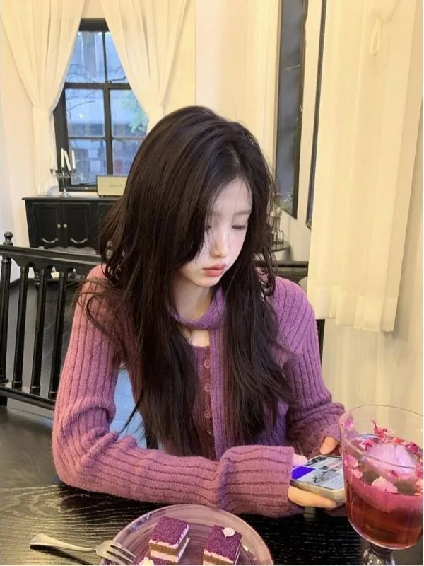 

Women's Soft Knitted Long Sleeve Cardigan Slim Fit Inner Wear Top Trendy Purple Sweater Commute Style Korean Series 2025 Autu...