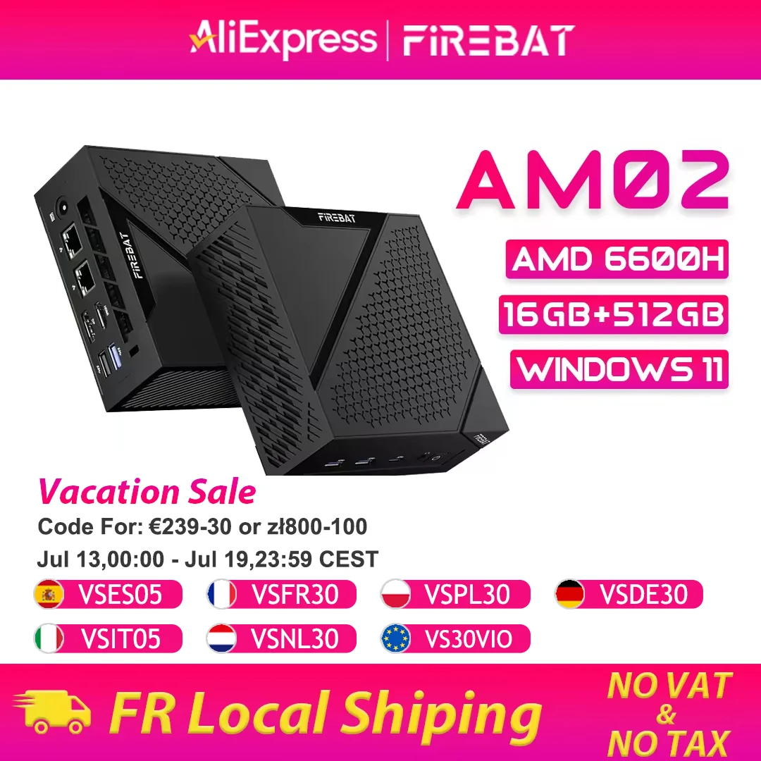 Mini PC FIREBAT AM02, AMD Ryzen 5 6600H, LP DDR5, 16GB RAM, 512GB SSD, Windows 11, Computadora de Escritorio Portátil, Puerto de Red, HDMI, WIFI6, BT5.2