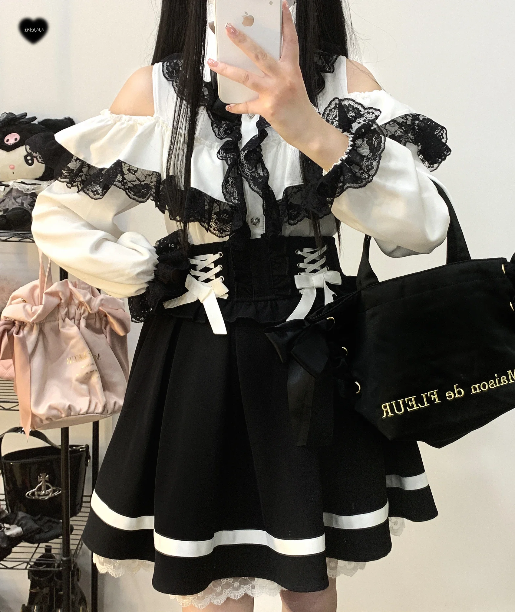 Japanische Art Spitze Doppels chicht hohl schulter frei Langarm Bluse süße Lolita Mädchen Hemd lose Blusas Tops