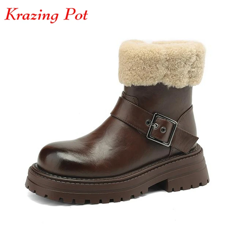

Krazing Pot Cow Leather Natural Wool Fur Round Toe Winter Warm Snow Boots Thick Med Heels Zipper Beauty Lady Leisure Ankle Boots