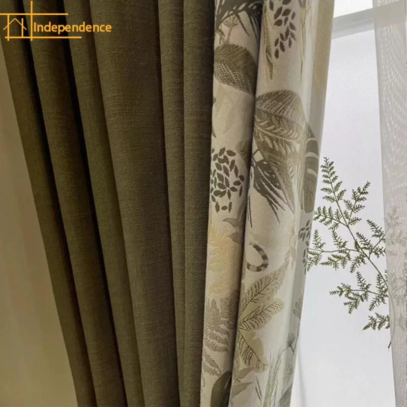 New American Retro Green Patchwork Cotton Linen Blackout Curtains for Living Room Bedroom French Window Customized Products