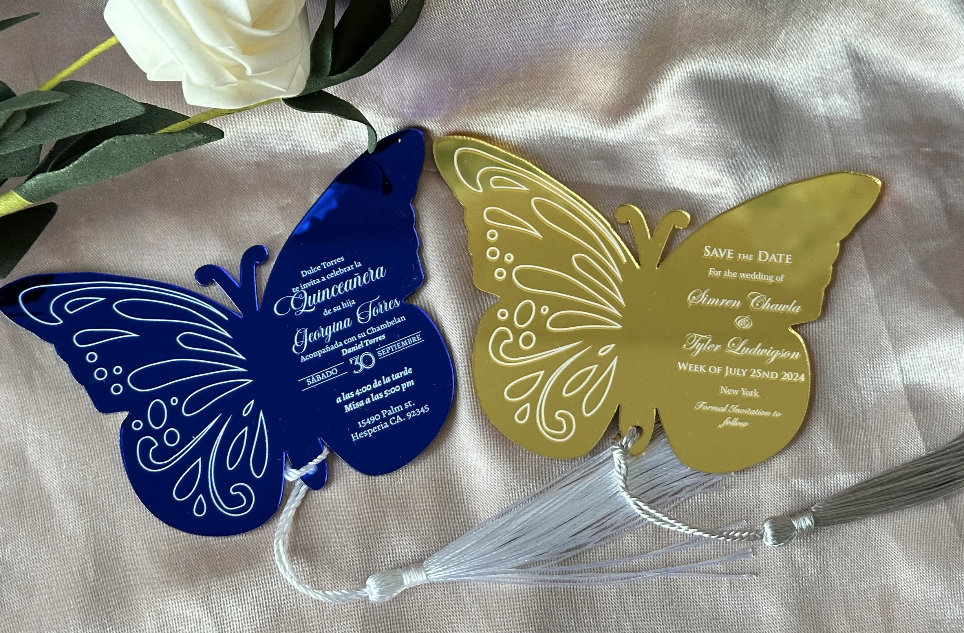 

10pcs Custom Small Butterfly Acrylic Save the Date Cards Quinceanera Pendant Card Car Schoolbag phone for Party Favor Decoration