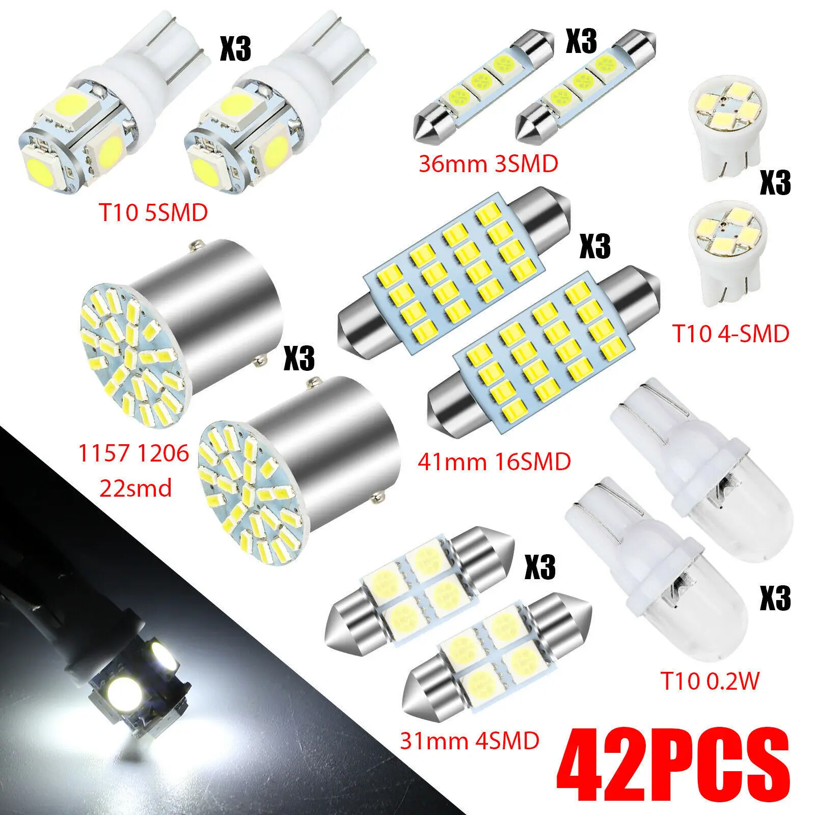 42pcs/set Auto Car Interior White LED Lights Dome Door Trunk License Plate Luggage Lamp Indoor Reading Light Mixed Accessories