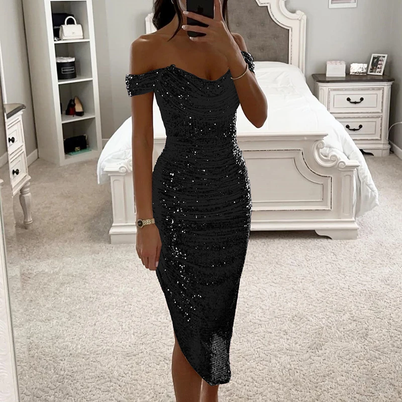 Elegant Solid Winter Banquet Dress Women 2024 One Shoulder Bodycon Party Dress Sexy Asymmetrical Shinny Glitter Folds Long Dress