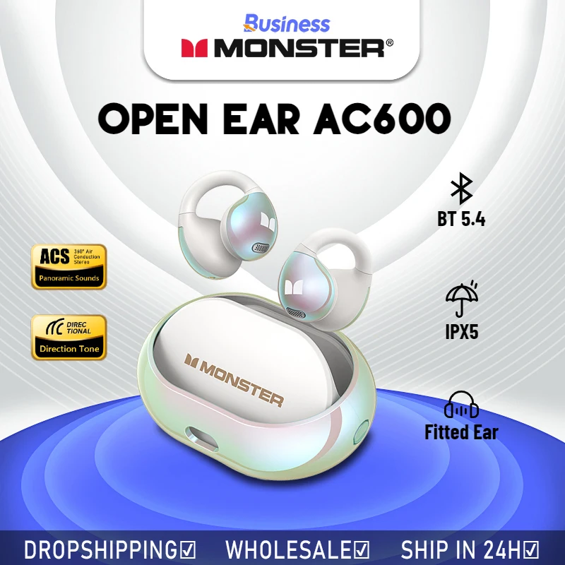 Monster Open Ear AC600 Headphones Bone Conduction EarClip Bluetooth 5.4 Earphone Multi Mic AI noise Cancelling Wireless Earbuds