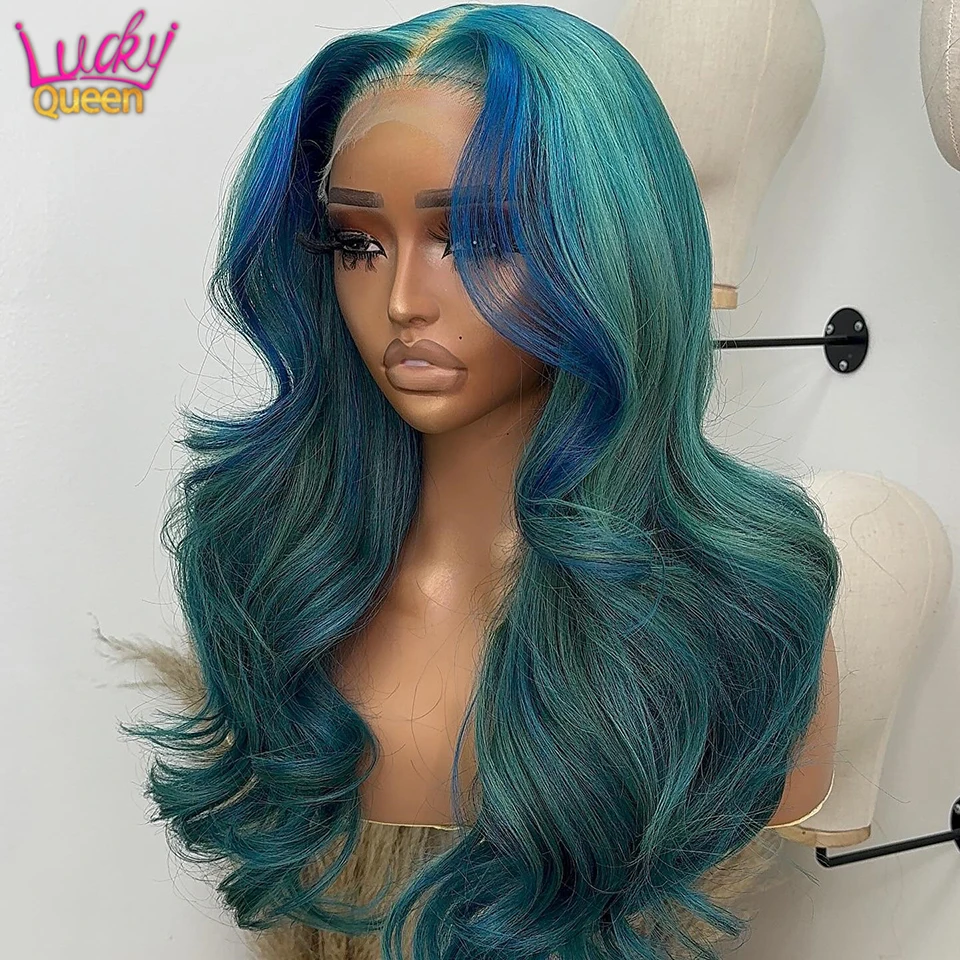 Perruque Lace Front Wig naturelle Body Wave, cheveux humains, 13x4, pre-plucked, colorée, à rayures vertes et bleues