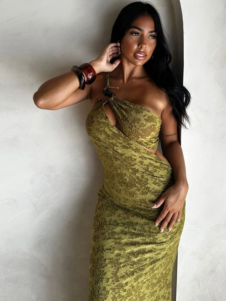 Nibber Perlen Patchwork Unregelmäßigen Hohl Maxi Kleid Frauen Einzigen Schulter Gurt Tailleless Street Fashion Temperament Vestidos