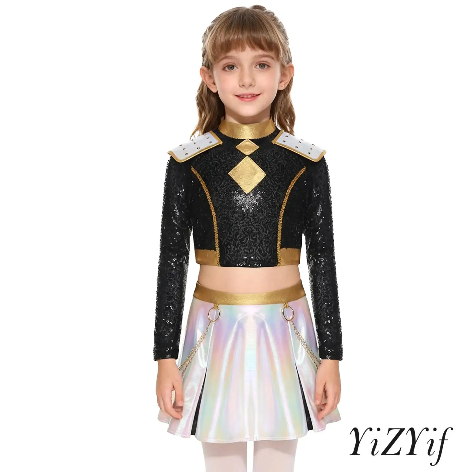 

Girls Demon Inspired Singer Costume Long Sleeve Back Zipper Sequins Crop Top with Waist Chain Skirt Set for Halloween Cosplay