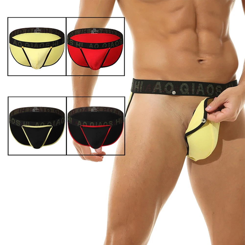 Men Buckle Briefs Sexy Low-Rise Panties High Fork Bikini Big Convex Pouch Lingerie Underpants Cotton Breathable Exotic G-String