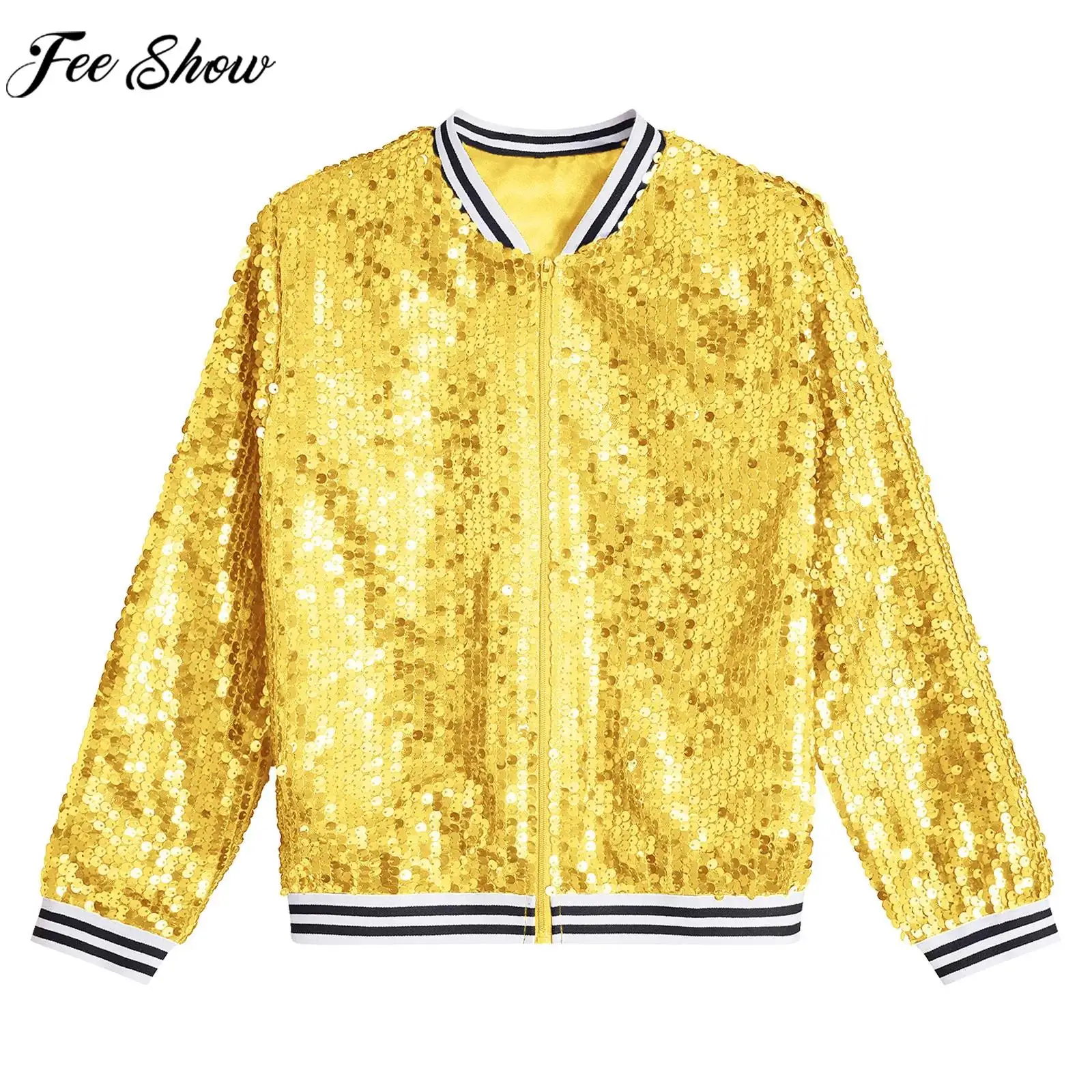 6-16Y Kids Girls Hip Hop Jazz Street Dance Cheerleading Performance Outerwear Long Sleeve Zipper Sequin Jacket Baseball Coat