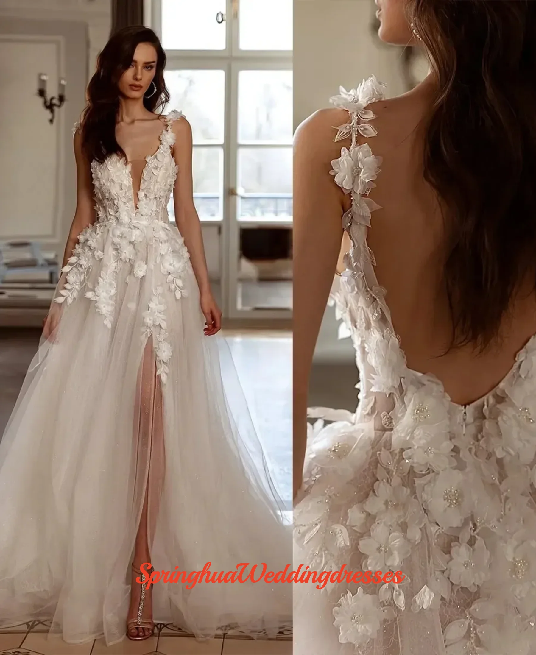 

Индивидуальное свадебное платье А-силуэта с V-образным вырезом, 3D-цветами, аппликацией, разрезом спереди и шлейфом, в стиле «Сказочный сад»