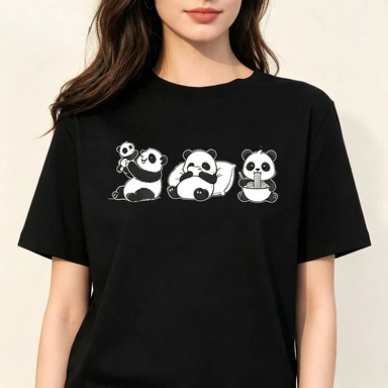 Panda Lover Women Cotton T Shirt Adorable Cartoon Panda Life Scene Graphic Cute Animal Outline Loose Casual Crew Neck Tops