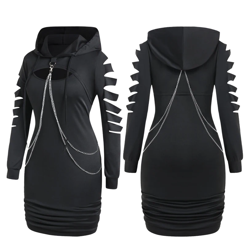 

ROSEGAL Plus Size Gothic Bodycon Dresses Black Chains Ladder Ripped Hooded Shrug Top And Tank Dress Set New High Waist Vestidos