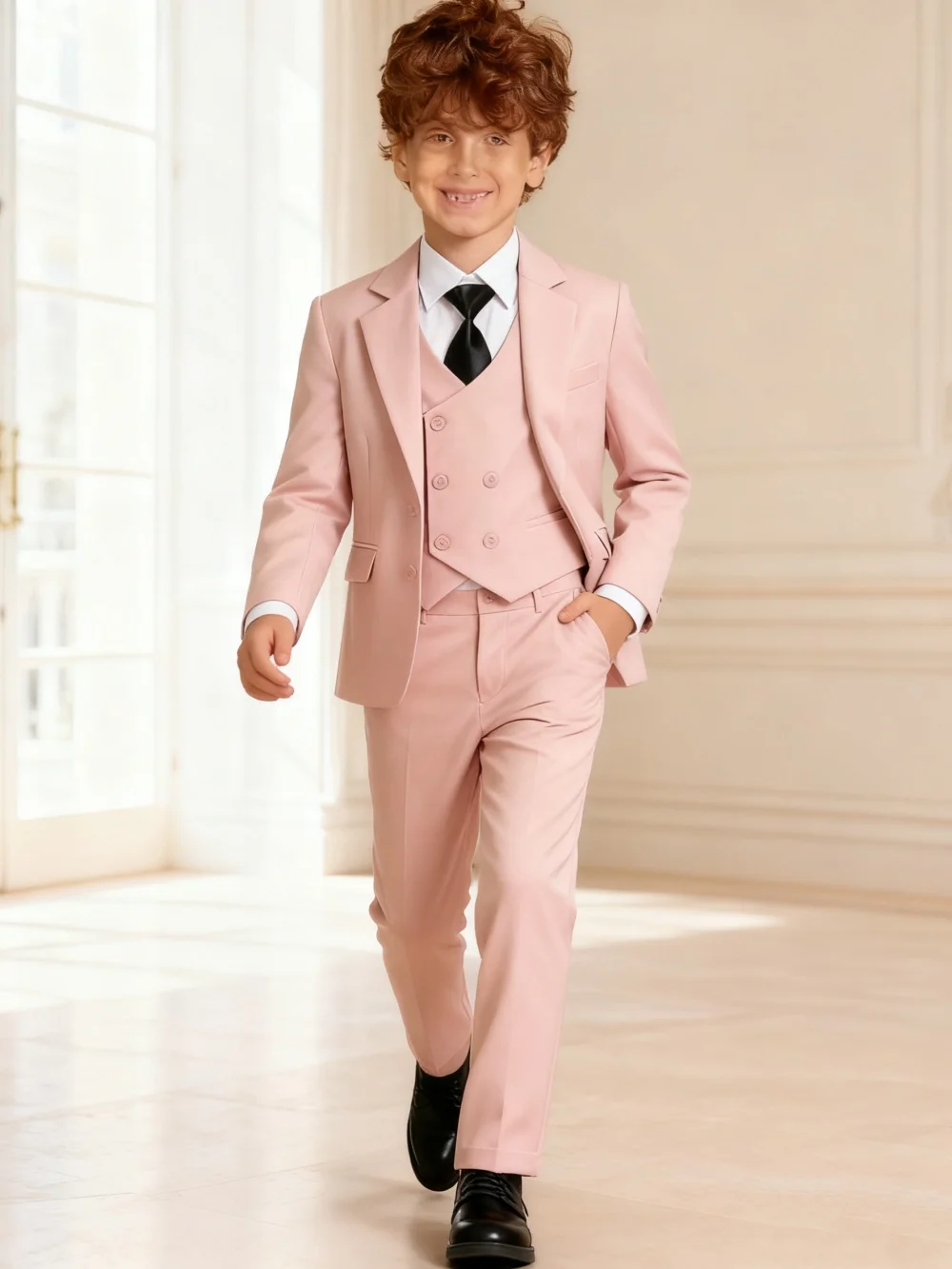 

Kids Pink 4 Pieces Set Jacket Pants Bowtie Formal Suit For Flower Boys Piano Photography Wedding Ceremony Costume Children Suit