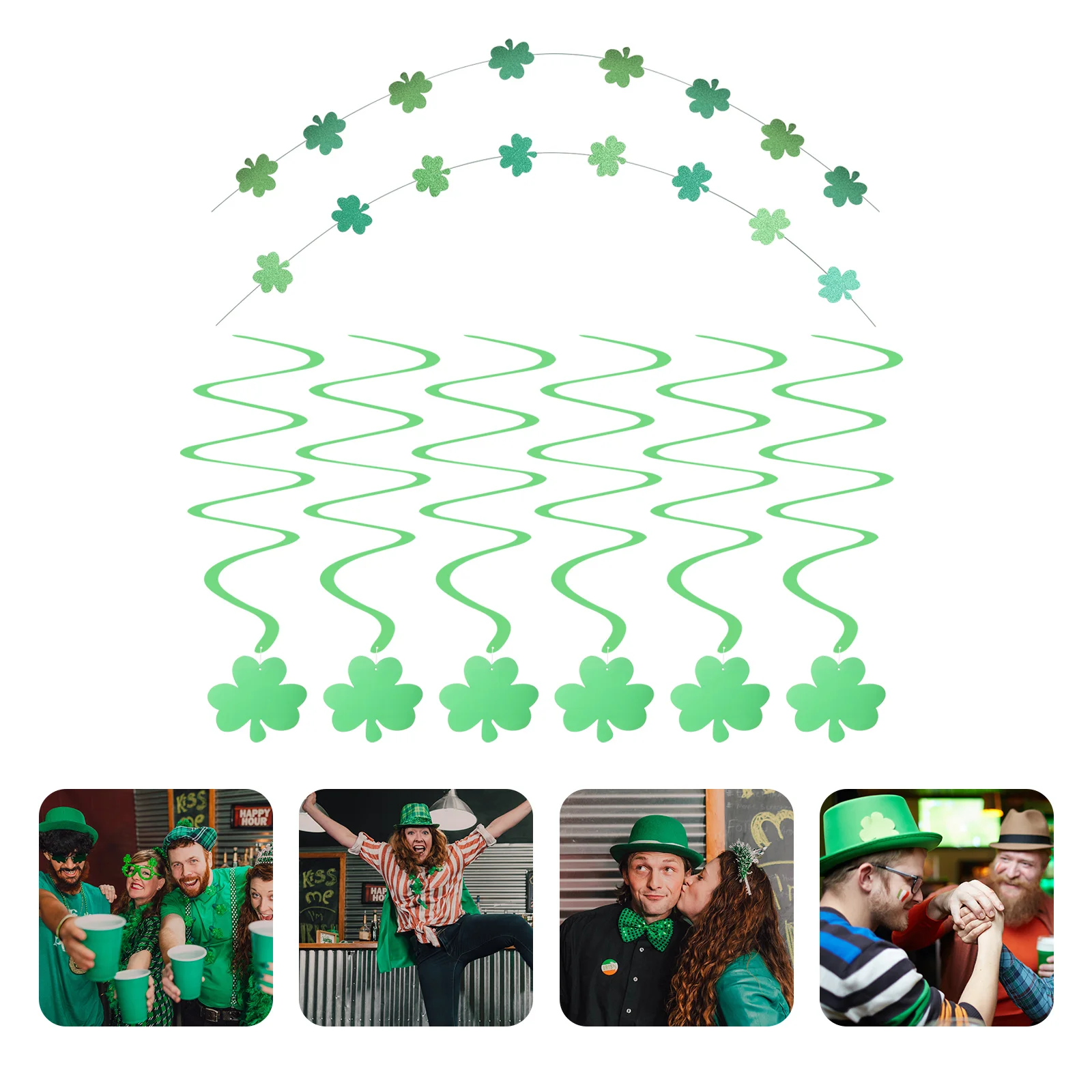 

8pcs Four Leaf Clover Decorations Glitter Green Shamrock Party Hanging Decors Patrick's Day Spiral Pendant Clover Decor