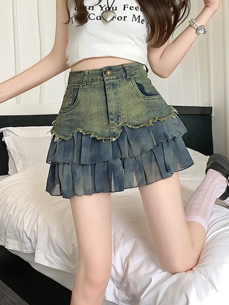 

Джинсовая юбка с оборками в стиле ретро, женская тонкая сексуальная мини-юбка с высокой талией Y2k, Sreetwear, винтажная лоскутная летняя женская юбка трапециевидной формы