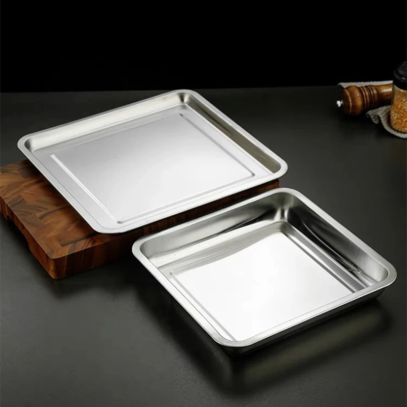 Square Stainless Steel Food Fruit Storage Tray Cake Barbecue Pastry Steamed Sausage Shallow Pans Plate Dish Kitchen Accessories