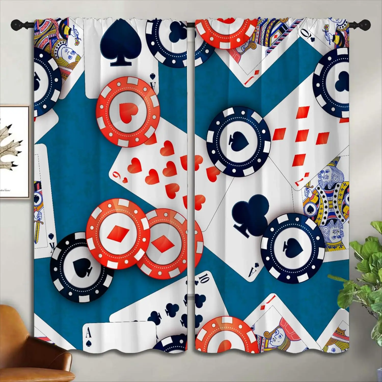 Casino Blackout Curtains Boys Girl Bedroom Home Decor, Poker Cards and Chips On The Table Thermal Insulated Rod Pocket Darkening