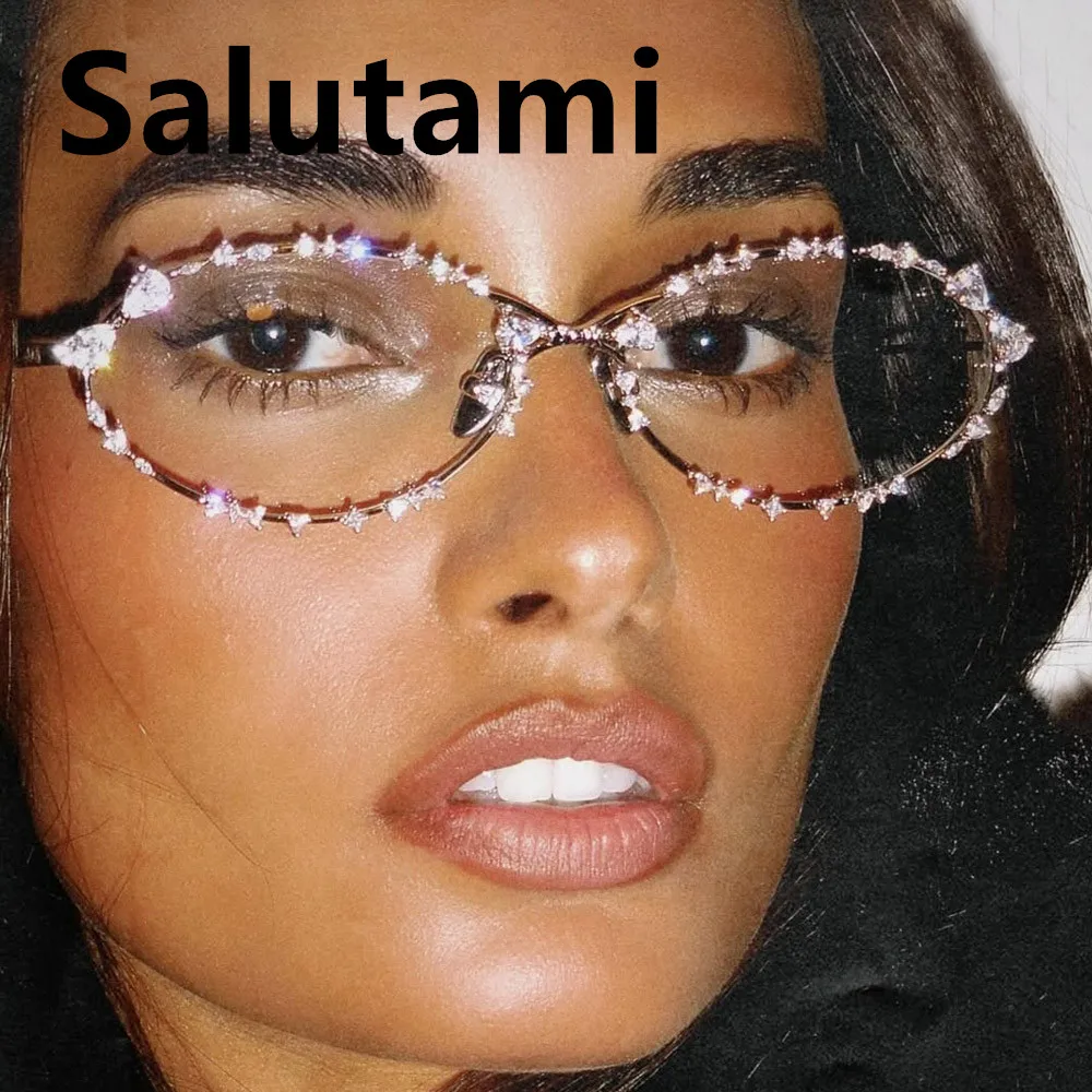 Y2K Crystal Shiny Small Oval Sunglasses for Women New Fashion Alloy Rhinestone Luxury Party Sun Glasses Ladies Sexy Round Shades