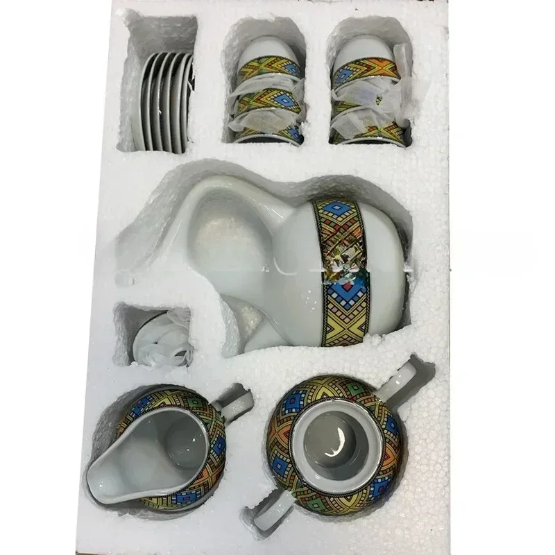 Ethiopian Eritrean Coffee Cups Edition Full Set for 17pcs Comes with 6 Cups 6 Saucer Coffee and Sugar+milk Pot