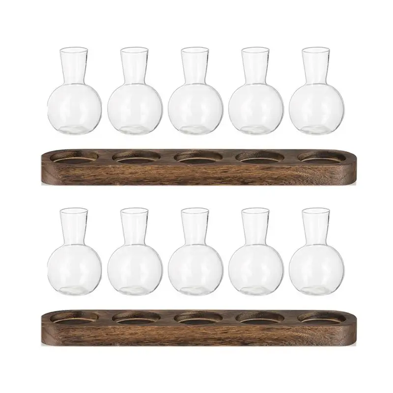 AB33-2X Plant Terrarium Propagation Station, Glass Planter Bulb Vase With Wooden Tray, Modern Bud Vases