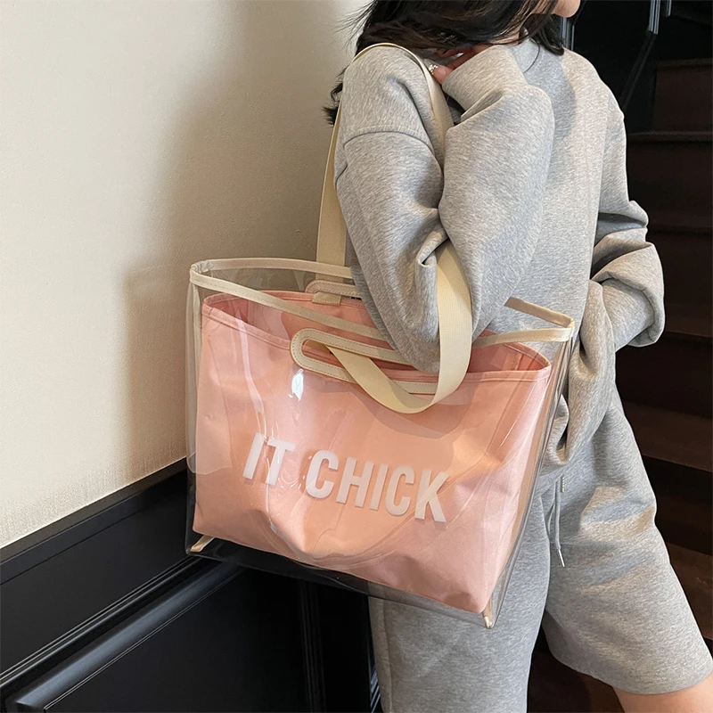 

Fashion Transparent Pvc Waterproof Tote Bag Large Capacity Yoga Fitness Bag Fashion Casual Large Capacity Shoulder Messenger Bag