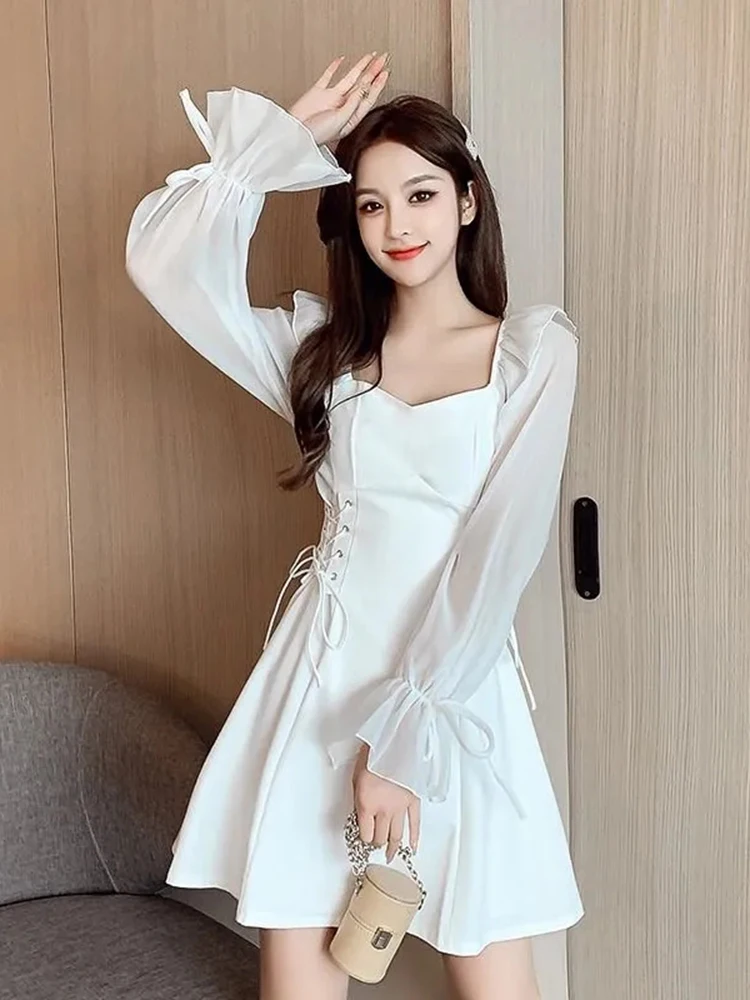 Women Dress Summer Elegant Square Collar Long Sleeve Chiffon Patchwork Dress French Sexy Bandage Tie Waist Fashion Vestidos