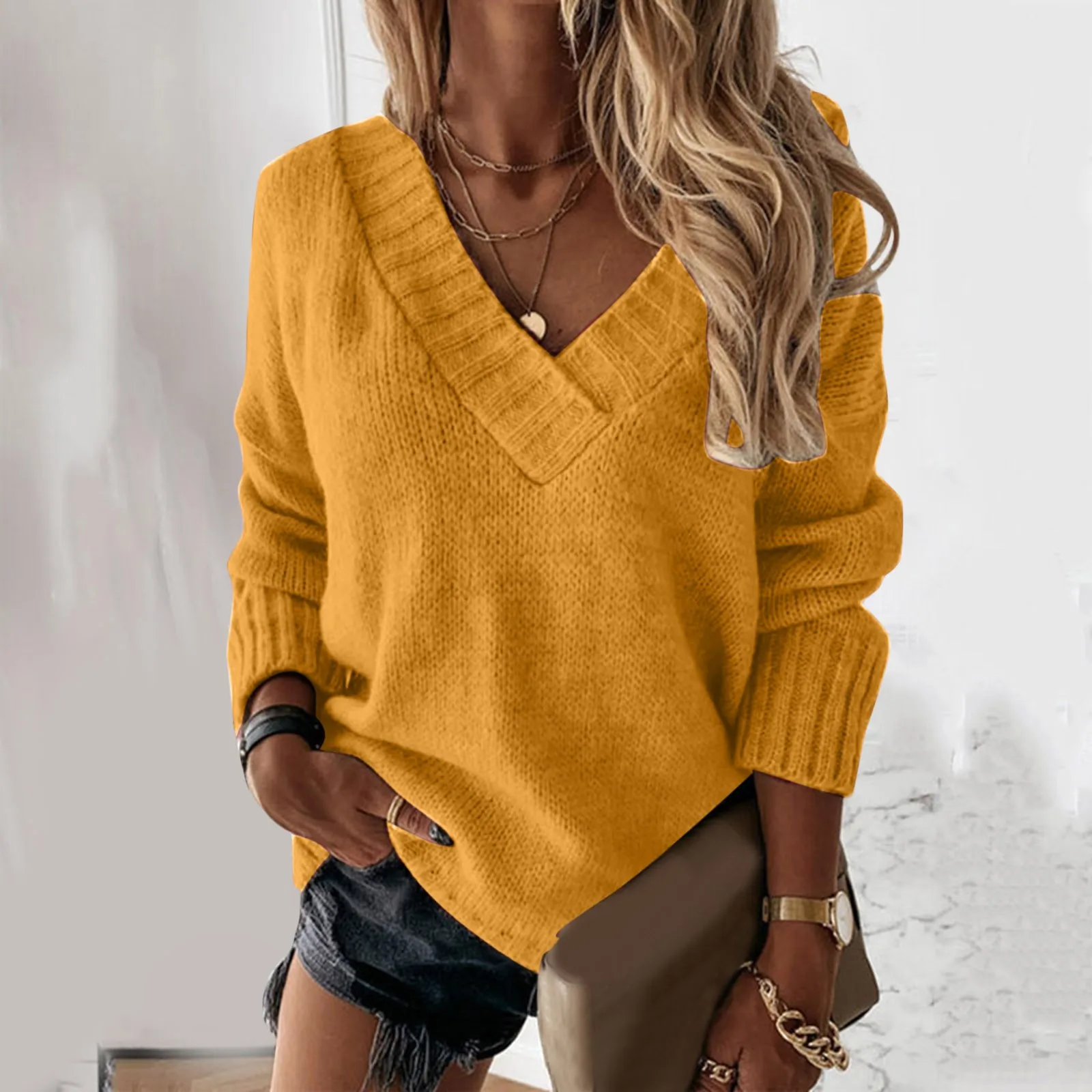 Simple Womens Leisure Oversize Solid Color Long Sleeve Sweater FemaleFashion V Neck Pullover Sweater Women\'s Clothing Sales