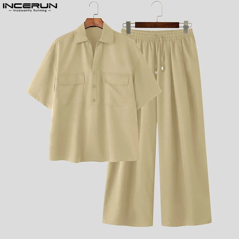 

INCERUN Мужские комплекты Однотонная рубашка с длинными рукавами и брюки с лацканами Комплекты из двух предметов Уличная одежда Свободные модные повседневные мужские костюмы S-5XL