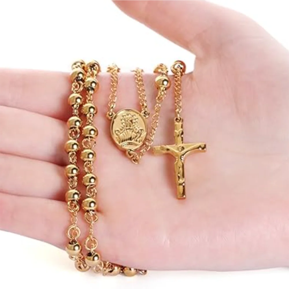 Edelstahl 4 Farbe 6mm kleine Gebets perlen Kette Medalla Milagrosa Einfachheit Kruzifix Kreuz Anhänger Rosenkranz Halskette Chaplet – Detail 3
