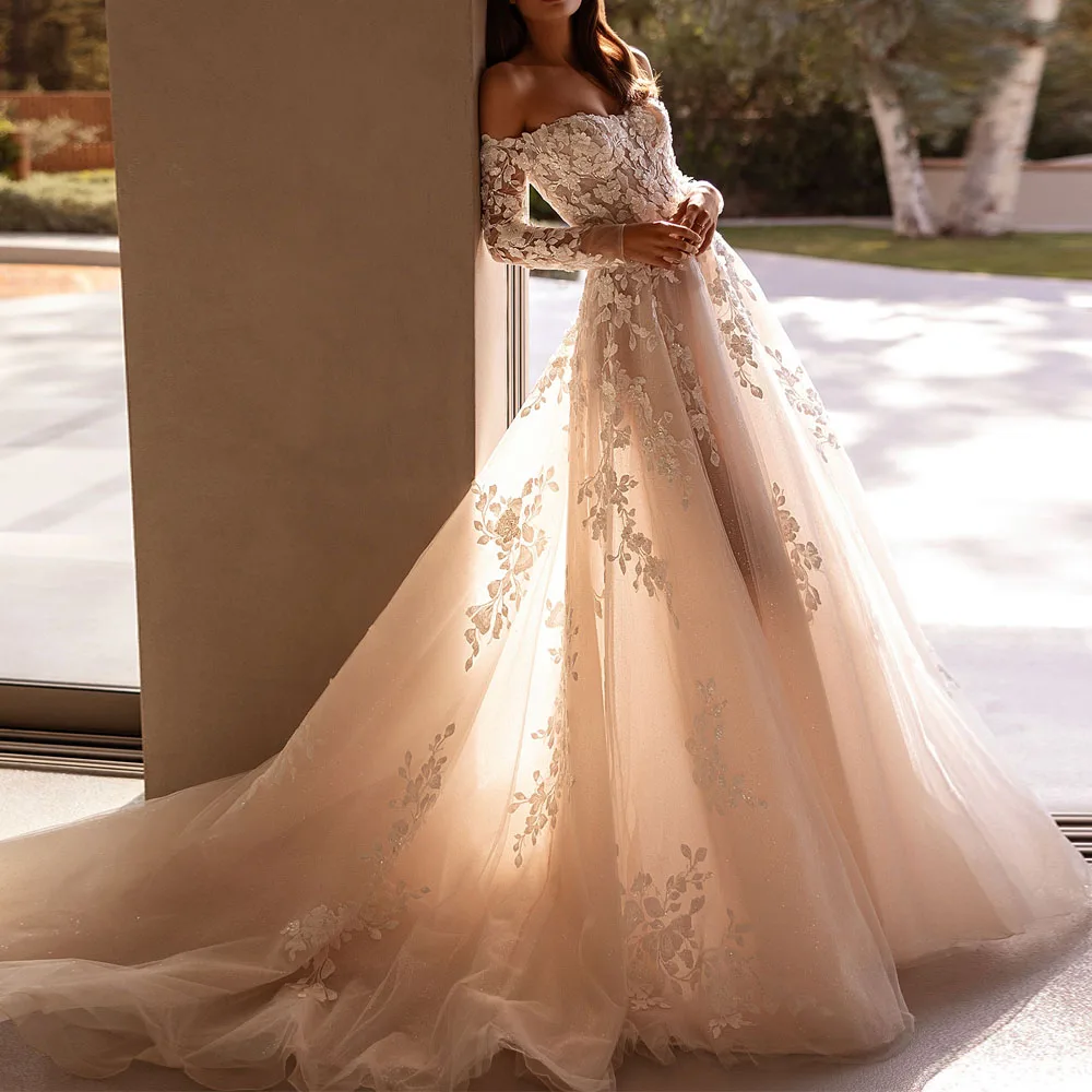 

Customized Illusion Floral Appliqués Wedding Dresses Off the Shoulder A Line Bride Gown with Long Sleeve Sweep Train