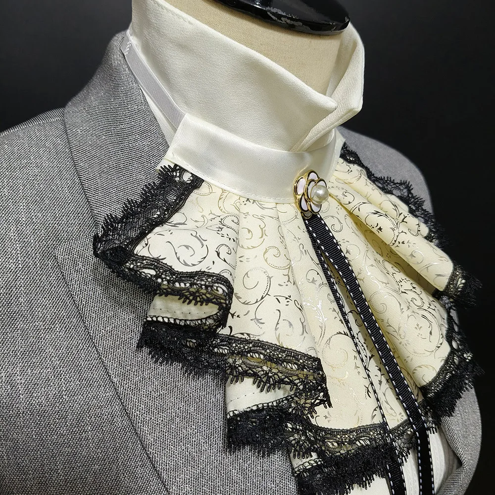 Court-style Ruffled Lace Camellia with Gold-foiled Pearls Bib  Shirt Overlay  Evening Party and Wedding Faux Collar Corsage