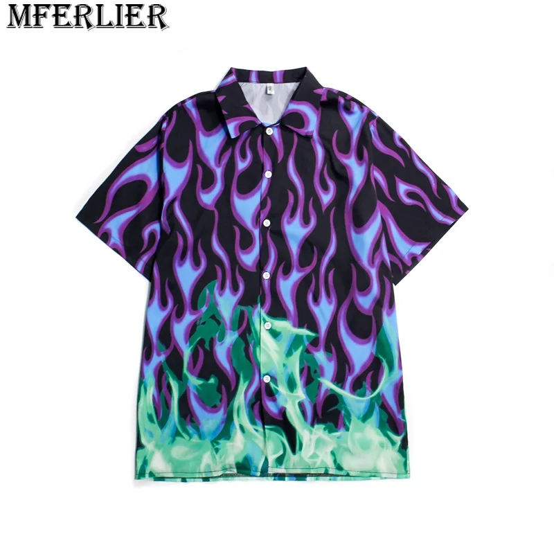 

summer men shirts short sleeve fashion korea style mferlier japanese style print fire hip hop high street cool shirts