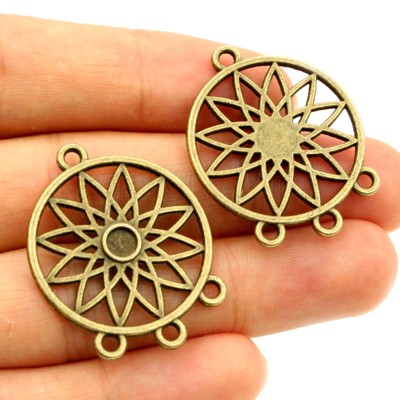 10pcs Metal Round Flower Charms Pendant with 3 Loops Connector Tassel Pendant 33x26mm DIY Jewelry Making Findings Accessories