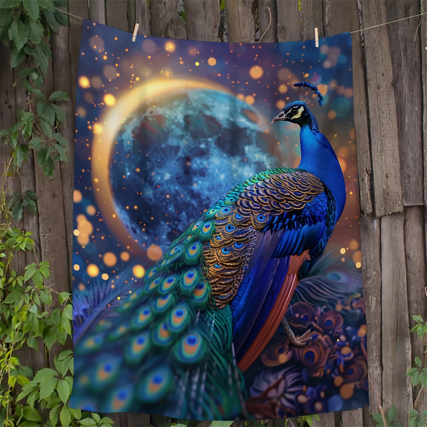 Stunning Peacock Art Blanket Throw Cosmic Blue Celestial Bird Design Oversized Couch Sofa Bed Decorative Blanket 150x200cm Home