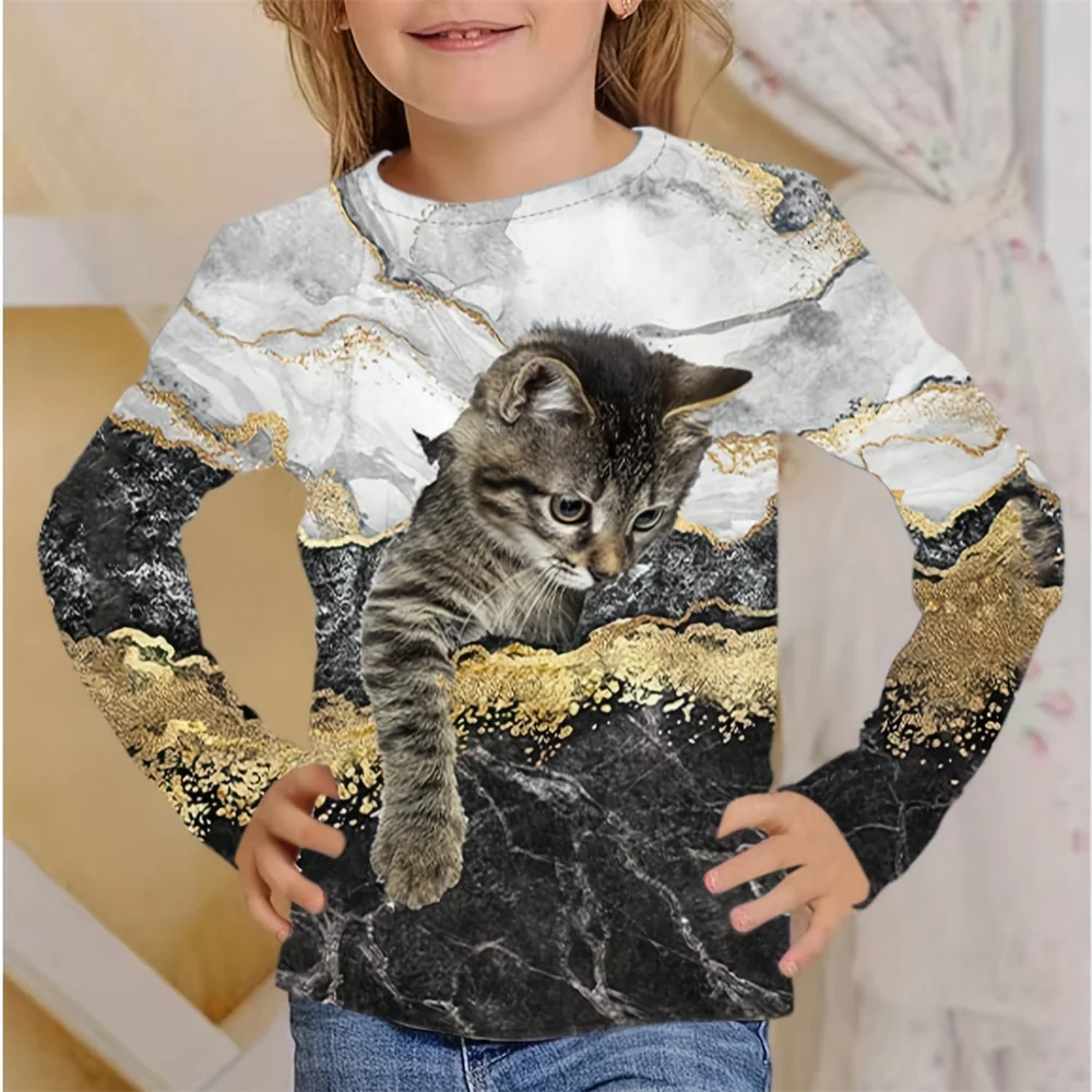 

Girl Clothes Kids T Shirt Long Sleeve Children's T-Shirts Children's Clothing 3D Cat Print Casual O-Neck Boy Kids Summer Clothes