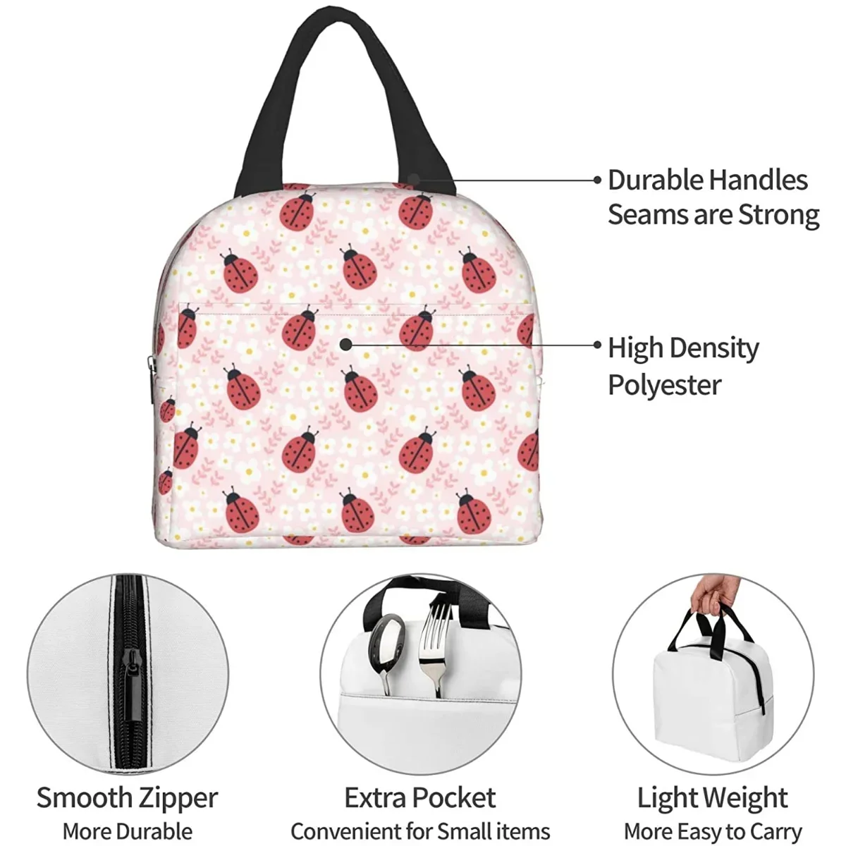 Ladybugs and flowers Lunch Box Bento Box Insulated Lunch Boxes Reusable Waterproof Lunch Bag With Front Pocket For Picnic Hiking