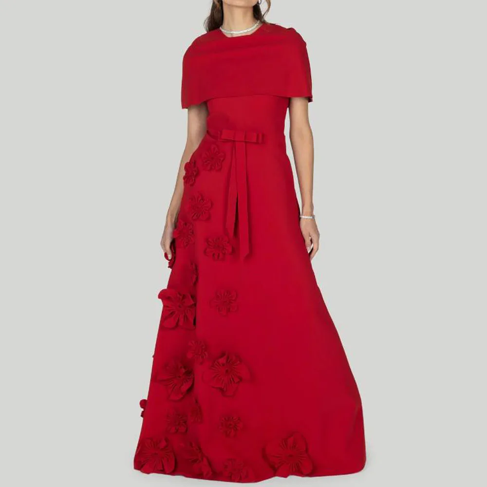 Vestido de noite personalizado com manga de capa e flor artesanal, linha a, vestidos de convidados de casamento, gola redonda, vestidos formais de cetim