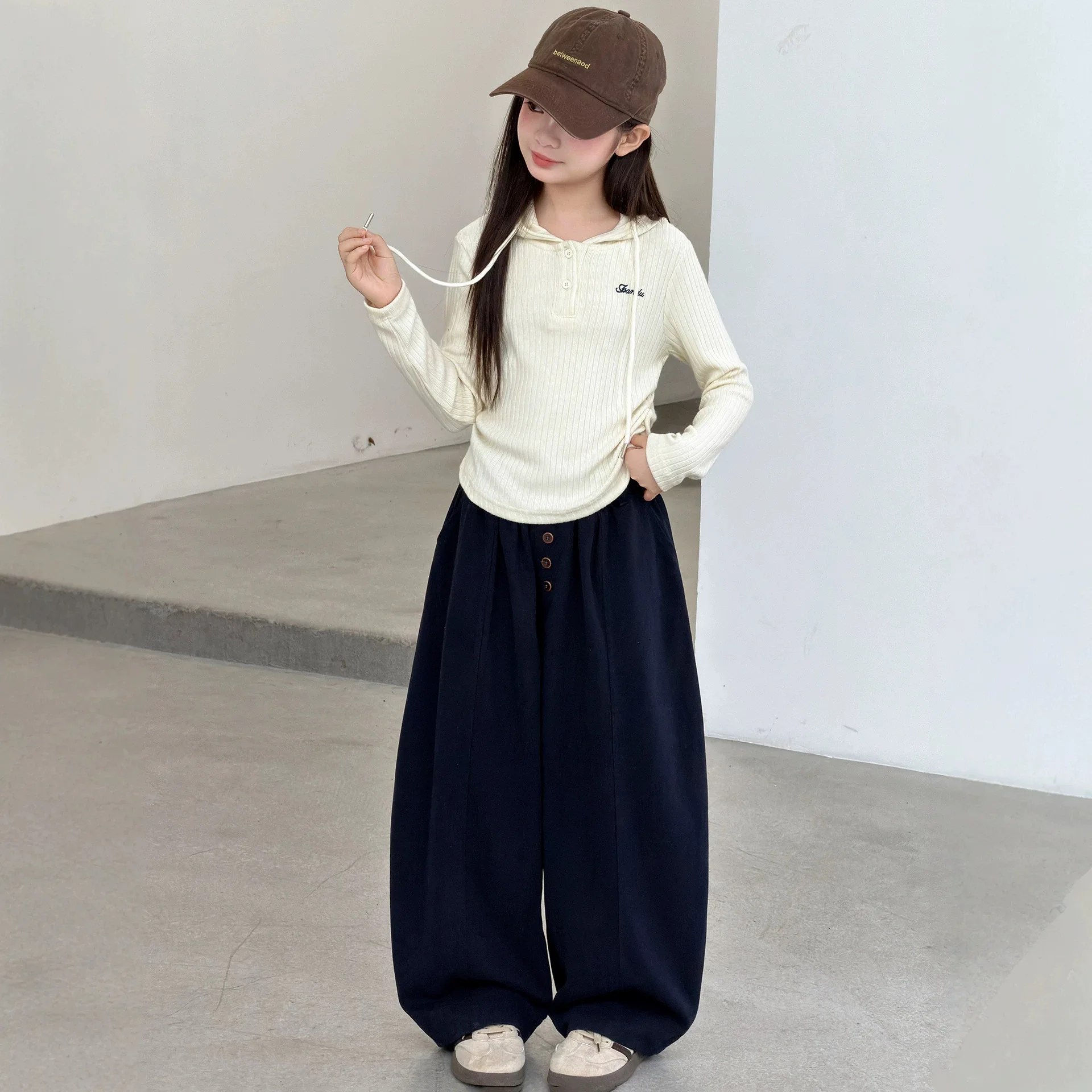 2026 Autumn Winter Girls Children Set Jacket Narrow Waist Teens Crop Top Hooded + Wide Leg Pant Tracksuit 4 5 6 8 10 12 14 Year