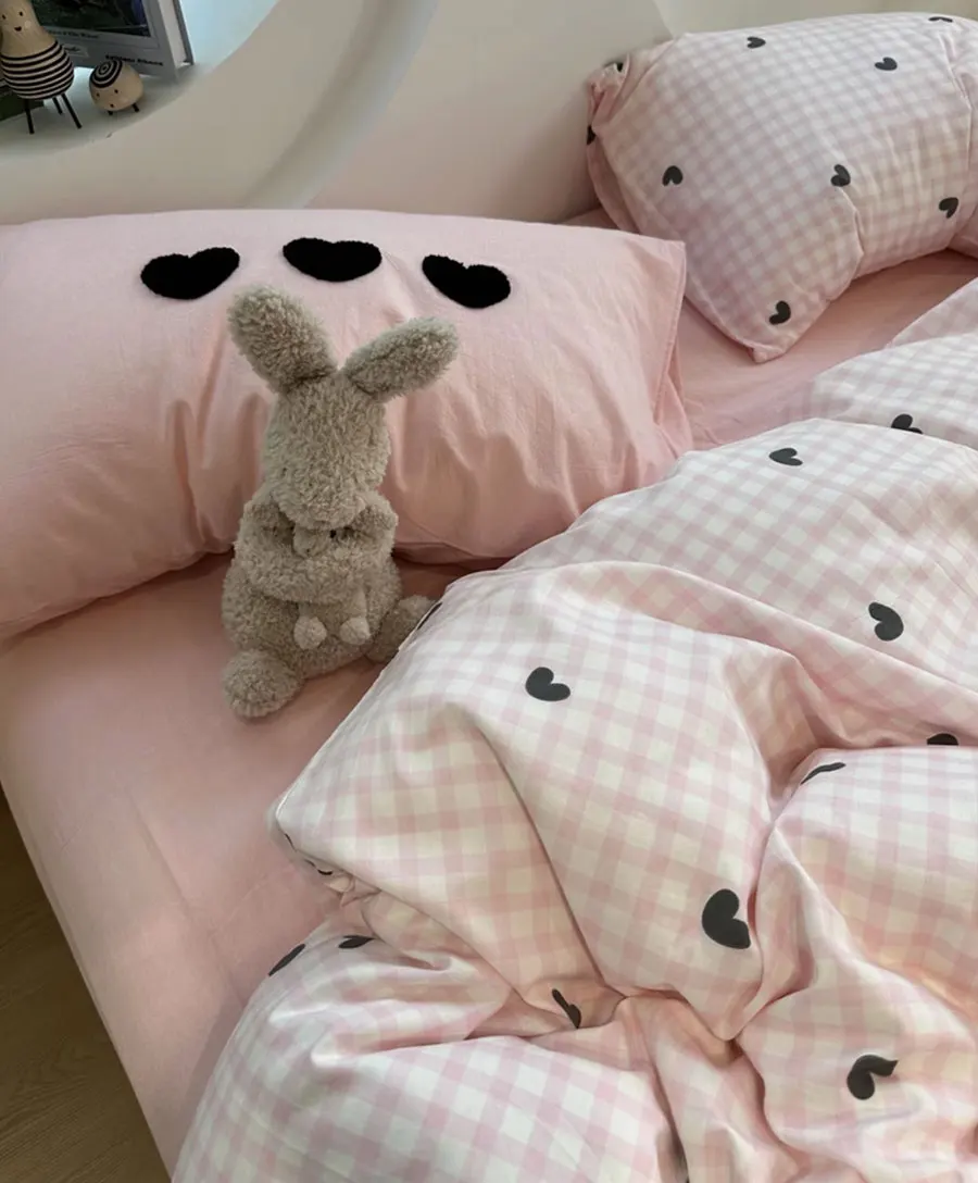 Cute sweet pink plaid heart beding set 1.2 1.5 1.8 2.0,twin full queen king cotton home textile bed sheet pillowcase quilt cover