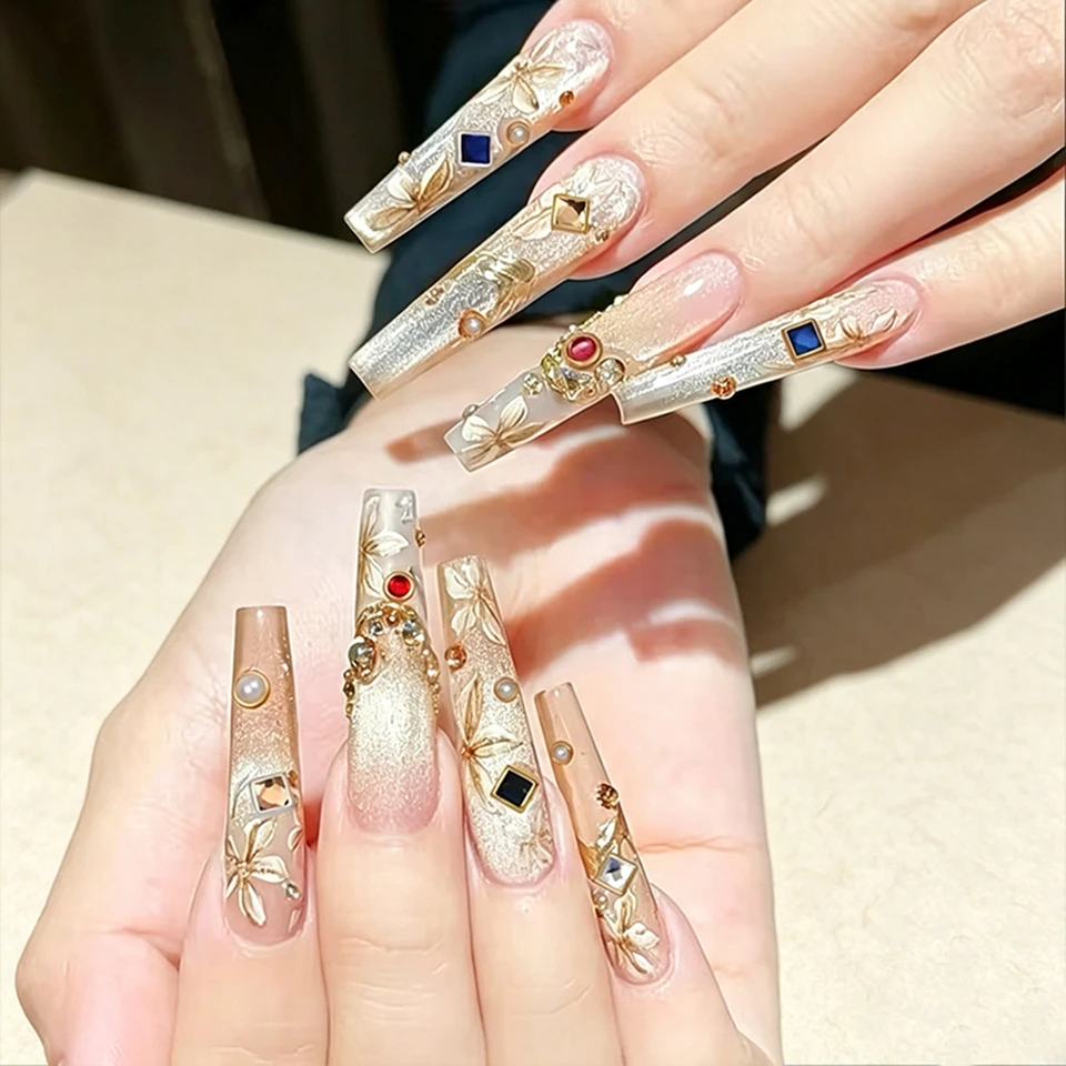 12 adornos de uñas 3D vintage barrocos, gemas con marco de metal, perlas barrocas, cristales redondos de zafiro y rubí, decoración de uñas 6