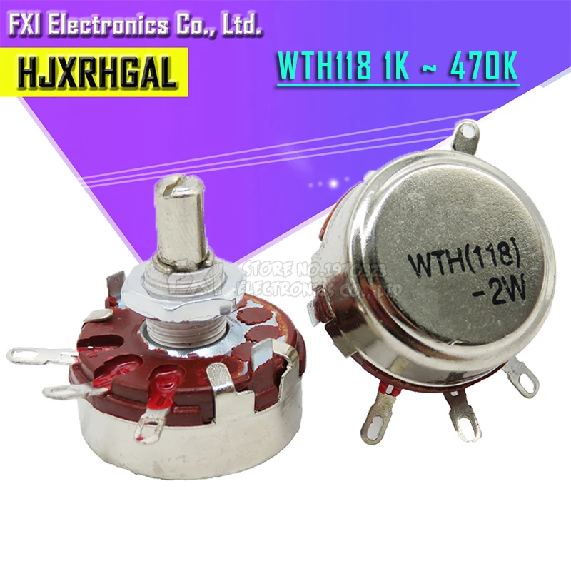 2 sztuk WTH118 2W 1A potencjometr 1K 2.2K 4.7K 10K 22K 47K 100K 470K 1M WTH118-2W okrągły trzonek węgla obrotowy stożek potencjometr
