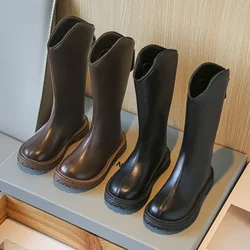 Girls Long Boots 2026 Autumn Winter New Children High Sleeve Boots British Style Kids Fashion Simple Solid Color PU Casual Boots