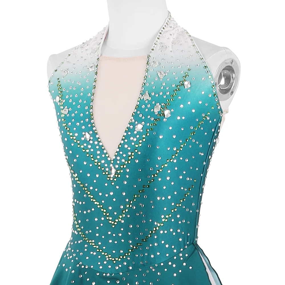 Zagitova Figure Skating Dress For Women Girls Ice Skating Skirt Performance Competition Gradient Green Sleeveless