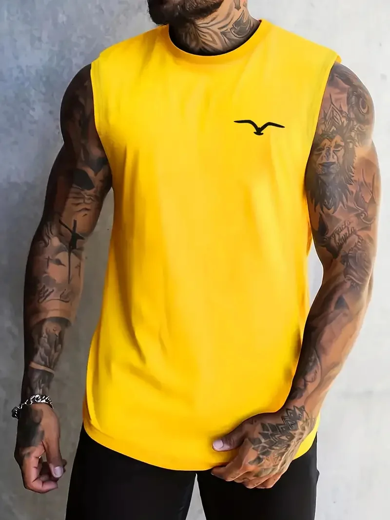 Men's tank top sleeveless round neck T-shirt for daily sports and fitness, fashionable round neck breathable short sleeved T-shi